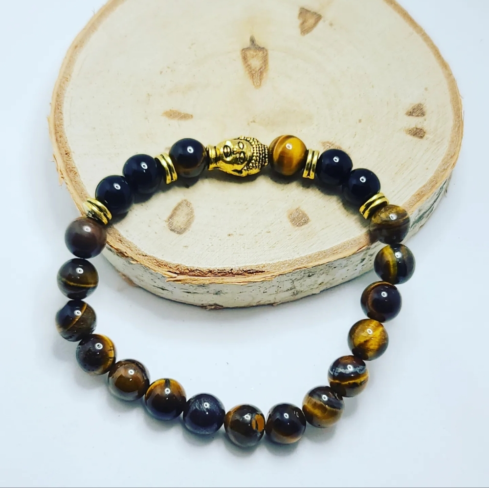 Tiger Eye, Black Agate Buddha charm Unisex bracelet 8 mm